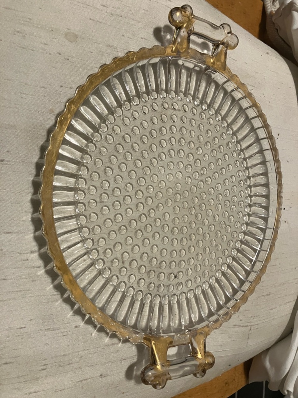 Vintage. Swiss Dot glass tray with golden handles n trim. Beautiful n perfect